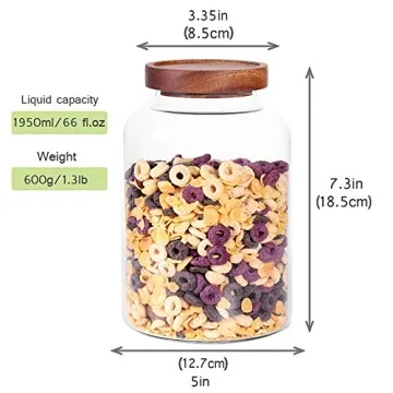LEAVES AND TREES Y Thicken Glass Storage Jar, Food Storage Container/Canisters with Airtight Wooden Lid for Tea, Coffee, Honey, Cacao Powder,BPA Free Perfect as a Cereal Dispenser (7.6inch 2pcs)