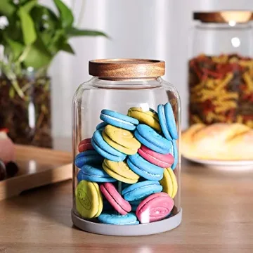 LEAVES AND TREES Y Thicken Glass Storage Jar, Food Storage Container/Canisters with Airtight Wooden Lid for Tea, Coffee, Honey, Cacao Powder,BPA Free Perfect as a Cereal Dispenser (7.6inch 2pcs)