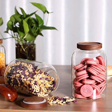 LEAVES AND TREES Y Thicken Glass Storage Jar, Food Storage Container/Canisters with Airtight Wooden Lid for Tea, Coffee, Honey, Cacao Powder,BPA Free Perfect as a Cereal Dispenser (7.6inch 2pcs)