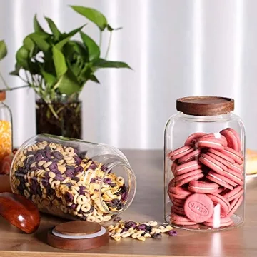 LEAVES AND TREES Y Thicken Glass Storage Jar, Food Storage Container/Canisters with Airtight Wooden Lid for Tea, Coffee, Honey, Cacao Powder,BPA Free Perfect as a Cereal Dispenser (7.6inch 2pcs)