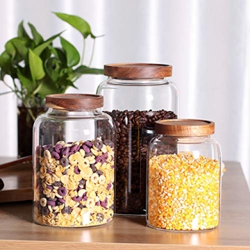 LEAVES AND TREES Y Thicken Glass Storage Jar, Food Storage Container/Canisters with Airtight Wooden Lid for Tea, Coffee, Honey, Cacao Powder,BPA Free Perfect as a Cereal Dispenser (7.6inch 2pcs)