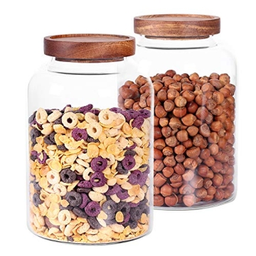 LEAVES AND TREES Y Thicken Glass Storage Jar, Food Storage Container/Canisters with Airtight Wooden Lid for Tea, Coffee, Honey, Cacao Powder,BPA Free Perfect as a Cereal Dispenser (7.6inch 2pcs)