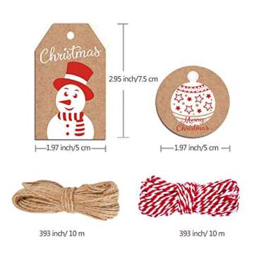 100 Pack Brown Kraft Paper Christmas Gift Tags， Xmas Brown Kraft Gift Tags with Jute Twine Baker Twine for DIY Xmas Holiday Present Wrap Stamp and Label Package Name Card