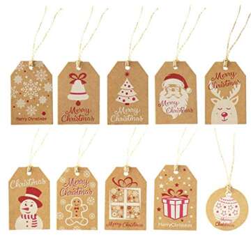 100 Pack Brown Kraft Paper Christmas Gift Tags， Xmas Brown Kraft Gift Tags with Jute Twine Baker Twine for DIY Xmas Holiday Present Wrap Stamp and Label Package Name Card