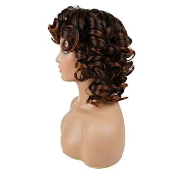 AIDUSA Big Curly Wigs for Black Women Synthetic Loose Curly Wigs with Bangs 14 Inch Ombre Brown Curly Wig Short Wigs Synthetic Hair Natural Wigs for Women (Mixed Brown)