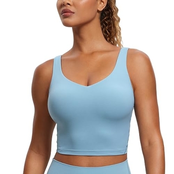 CRZ YOGA Butterluxe Women’s V Neck Longline Sports Bra - U Back Padded Crop Workout Tank Top in Pu...