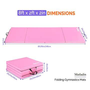 Matladin 8' Folding Gymnastics Gym Exercise Aerobics Mat, 8ft x 2ft x 2in PU Leather Tumbling Mats for Stretching Yoga Cheerleading Martial Arts (Pink)