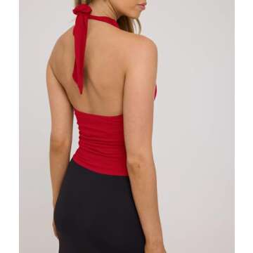 BAIGRAM Women’s Open Back Tie Halter Tank Tops Cowl Neck Sleeveless Slim Fit Crop Tops y2k Trendy Going Out Red