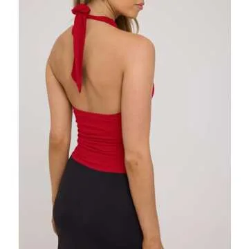 BAIGRAM Women’s Open Back Tie Halter Tank Tops Cowl Neck Sleeveless Slim Fit Crop Tops y2k Trendy Going Out Red