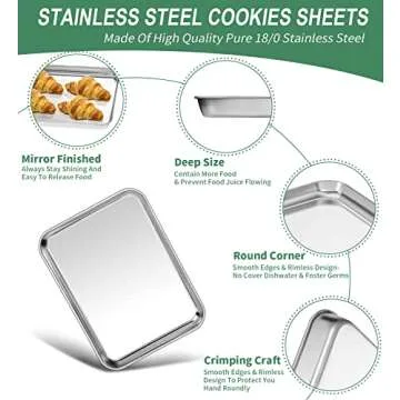 Baking Sheets Set of 2, HKJ Chef Cookie Sheets 2 Pieces Stainless Steel Baking Sheet & Toaster Oven Tray Pans, Rectangle Size 10L x 8W x 1H inch & Non Toxic & Healthy & Easy Clean