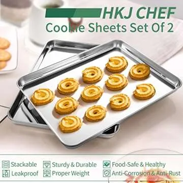 Baking Sheets Set of 2, HKJ Chef Cookie Sheets 2 Pieces Stainless Steel Baking Sheet & Toaster Oven Tray Pans, Rectangle Size 10L x 8W x 1H inch & Non Toxic & Healthy & Easy Clean