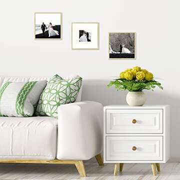 Frametory, 8x8 Gold Aluminum Picture Frame - Set of 1 - Ideal for Displaying 4x4 Photos with Mat or 8x8 Without Mat - Real Glass Front - Simple Gallery Wall Frames for Art Prints and Posters