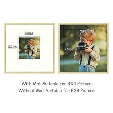 Frametory, 8x8 Gold Aluminum Picture Frame - Set of 1 - Ideal for Displaying 4x4 Photos with Mat or 8x8 Without Mat - Real Glass Front - Simple Gallery Wall Frames for Art Prints and Posters