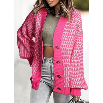 Sidefeel Womens Cardigan Sweaters Casual Button Down Plaid Knitted Open Front Chunky Loose Sweaters Coat Hot Pink 2X-Large