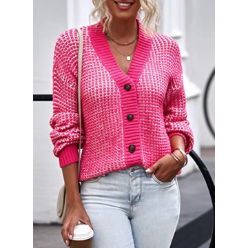 Sidefeel Womens Cardigan Sweaters Casual Button Down Plaid Knitted Open Front Chunky Loose Sweaters Coat Hot Pink 2X-Large