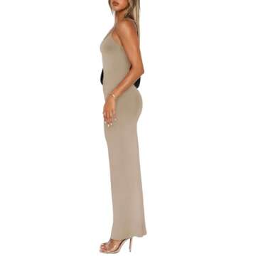 REORIA Maxi Dress for Women Summer Sexy V Neck Slip Long Dresses Adjustable Spaghetti Strap Sleeveless Backless Ribbed Bodycon Dress Khaki Small