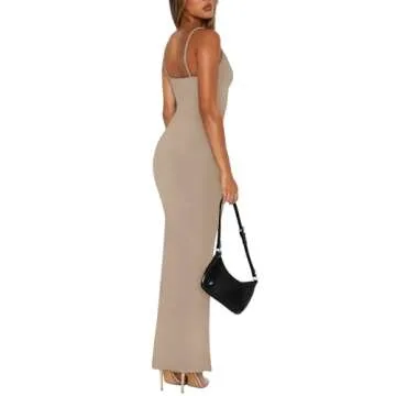 REORIA Maxi Dress for Women Summer Sexy V Neck Slip Long Dresses Adjustable Spaghetti Strap Sleeveless Backless Ribbed Bodycon Dress Khaki Small