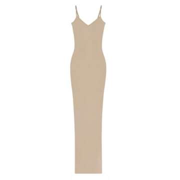 REORIA Maxi Dress for Women Summer Sexy V Neck Slip Long Dresses Adjustable Spaghetti Strap Sleeveless Backless Ribbed Bodycon Dress Khaki Small