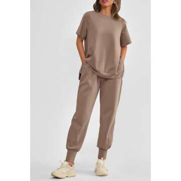 PRETTYGARDEN Women's Summer 2 Piece Outfit Tracksuits Casual Short Sleeve Tops High Waisted Sweatpants Set (Khaki,X-Large)