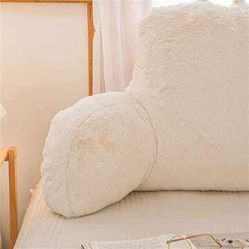 Holawakaka Standard Faux Fur Bed Rest Pillow with Arms, Rabbit Fur Reading Pillows Perfect for Adults, Teens, Kids, Arm, Back, Pregnancy Lumbar & Head Neck Coccyx Lower Back Support Cushion (Ivory)