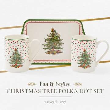 Spode Christmas Tree Polka Dot 10oz Mug & 8" Tray Set (3-Piece Set) - Festive Porcelain Mugs with Me...