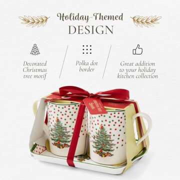 Spode Christmas Tree Polka Dot 10oz Mug & 8" Tray Set (3-Piece Set) - Festive Porcelain Mugs with Melamine Tray, Dishwasher & Microwave Safe - Ideal for Hot Chocolate or Coffee
