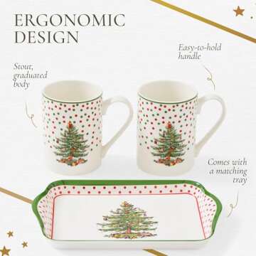Spode Christmas Tree Polka Dot 10oz Mug & 8" Tray Set (3-Piece Set) - Festive Porcelain Mugs with Melamine Tray, Dishwasher & Microwave Safe - Ideal for Hot Chocolate or Coffee