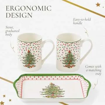 Spode Christmas Tree Polka Dot 10oz Mug & 8" Tray Set (3-Piece Set) - Festive Porcelain Mugs with Melamine Tray, Dishwasher & Microwave Safe - Ideal for Hot Chocolate or Coffee