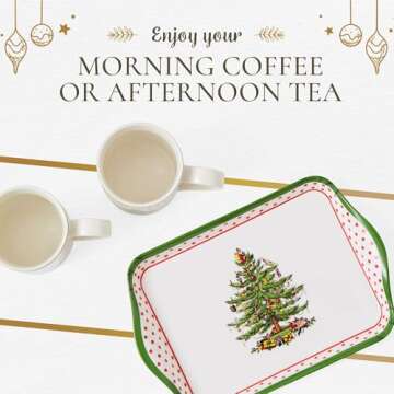 Spode Christmas Tree Polka Dot 10oz Mug & 8" Tray Set (3-Piece Set) - Festive Porcelain Mugs with Melamine Tray, Dishwasher & Microwave Safe - Ideal for Hot Chocolate or Coffee