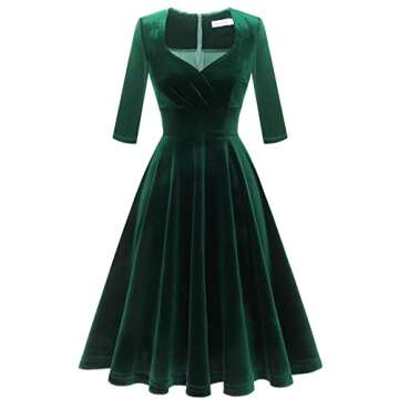 Bbonlinedress Womens Long Sleeve Velvet Dress Short Vintage Cocktail Wedding Guest Dress V-Dark Green L