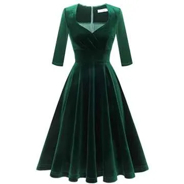Bbonlinedress Womens Long Sleeve Velvet Dress Short Vintage Cocktail Wedding Guest Dress V-Dark Green L