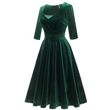 Bbonlinedress Womens Long Sleeve Velvet Dress Short Vintage Cocktail Wedding Guest Dress V-Dark Green L