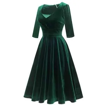 Bbonlinedress Womens Long Sleeve Velvet Dress Short Vintage Cocktail Wedding Guest Dress V-Dark Green L