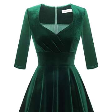 Bbonlinedress Womens Long Sleeve Velvet Dress Short Vintage Cocktail Wedding Guest Dress V-Dark Green L