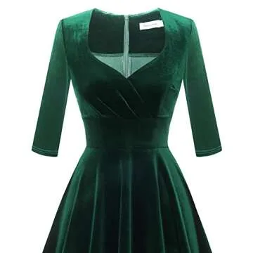 Bbonlinedress Womens Long Sleeve Velvet Dress Short Vintage Cocktail Wedding Guest Dress V-Dark Green L