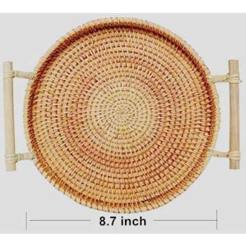 Woven Serving Tray, Rattan Round Tray, Wicker Serving Basket with Wooden Handles (8.7 inch (22cm))