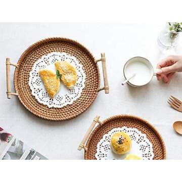 Woven Serving Tray, Rattan Round Tray, Wicker Serving Basket with Wooden Handles (8.7 inch (22cm))