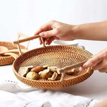 Woven Serving Tray, Rattan Round Tray, Wicker Serving Basket with Wooden Handles (8.7 inch (22cm))
