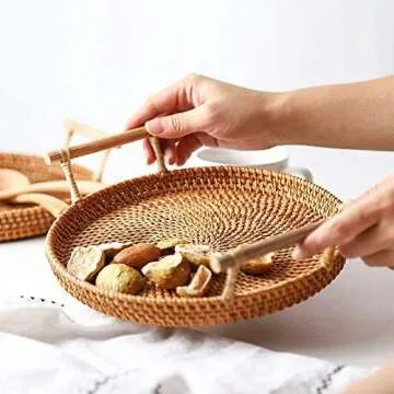 Woven Serving Tray, Rattan Round Tray, Wicker Serving Basket with Wooden Handles (8.7 inch (22cm))