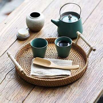 Woven Serving Tray, Rattan Round Tray, Wicker Serving Basket with Wooden Handles (8.7 inch (22cm))