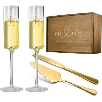 Elegant Bridal Wedding Champagne Toasting Flutes & Cake Knife Set in Gold