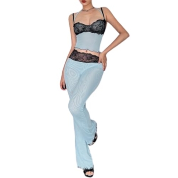 Pokn 2 Piece Outfits for Women - Sexy Mesh Cami Top with Lace Patchwork Leggings