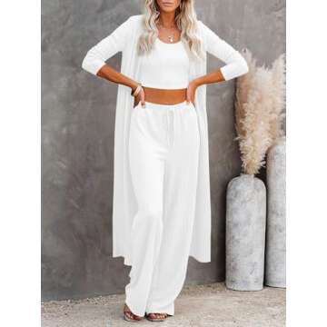 Fessceruna Womens 3 Piece Lounge Sets Pajamas Knit Long Sleeve Cardigan Crop Top Wide Leg Pants Loun...