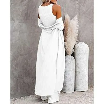 Fessceruna Womens 3 Piece Lounge Sets Pajamas Knit Long Sleeve Cardigan Crop Top Wide Leg Pants Loungewear Set