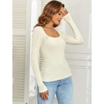 ZAFUL Womens Sweaters Casual Long Sleeve Scoop Neck Knit Lightweight Crochet Sweater Pullover Tops Beige