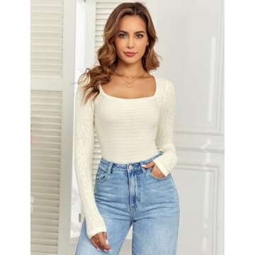 ZAFUL Womens Sweaters Casual Long Sleeve Scoop Neck Knit Lightweight Crochet Sweater Pullover Tops Beige