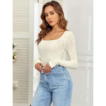 ZAFUL Womens Sweaters Casual Long Sleeve Scoop Neck Knit Lightweight Crochet Sweater Pullover Tops Beige