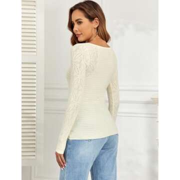 ZAFUL Womens Sweaters Casual Long Sleeve Scoop Neck Knit Lightweight Crochet Sweater Pullover Tops Beige