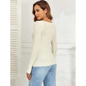 ZAFUL Womens Sweaters Casual Long Sleeve Scoop Neck Knit Lightweight Crochet Sweater Pullover Tops Beige
