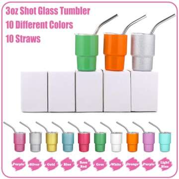 Needbrock 10 Pcs Mini Tumbler Shot Glass with Straw, 3oz Sublimation Shot Glass Tumblers Set Stainless Steel Double Wall Vacuum Insulated Shot Glasses Cups for Cocktail Coffee Whiskey Beer